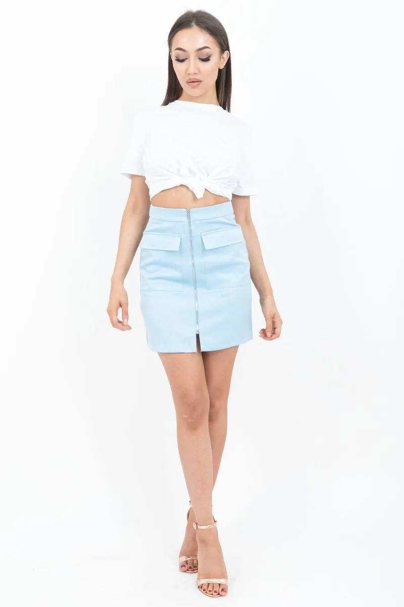 Baby Blue Zip Front Mini Skirt