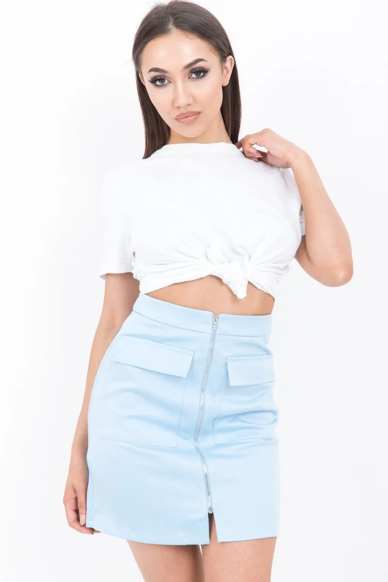 Baby Blue Zip Front Mini Skirt