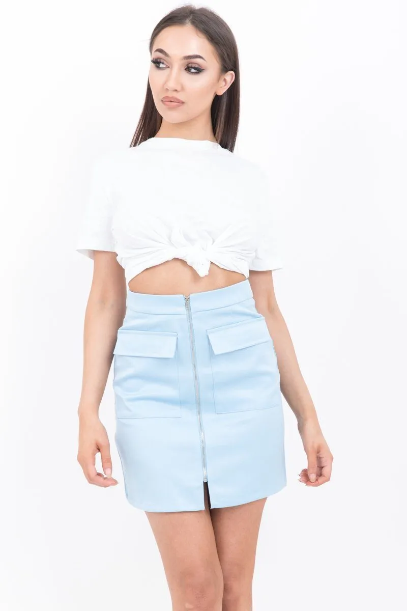 Baby Blue Zip Front Mini Skirt