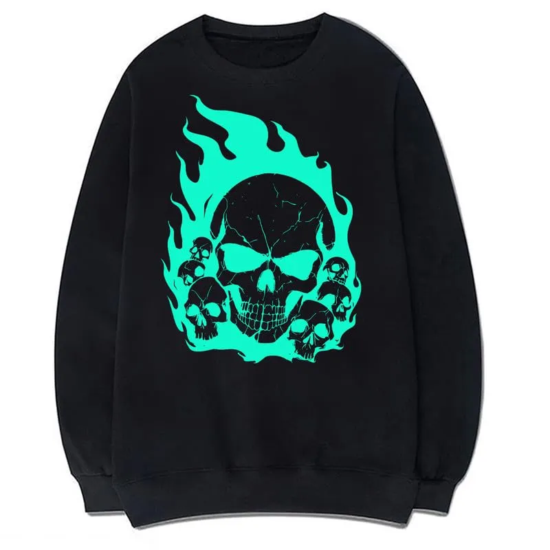 CORIRESHA Teen Skull Flame Long Sleeve Cotton Y2K Aesthetic Halloween Sweatshirt