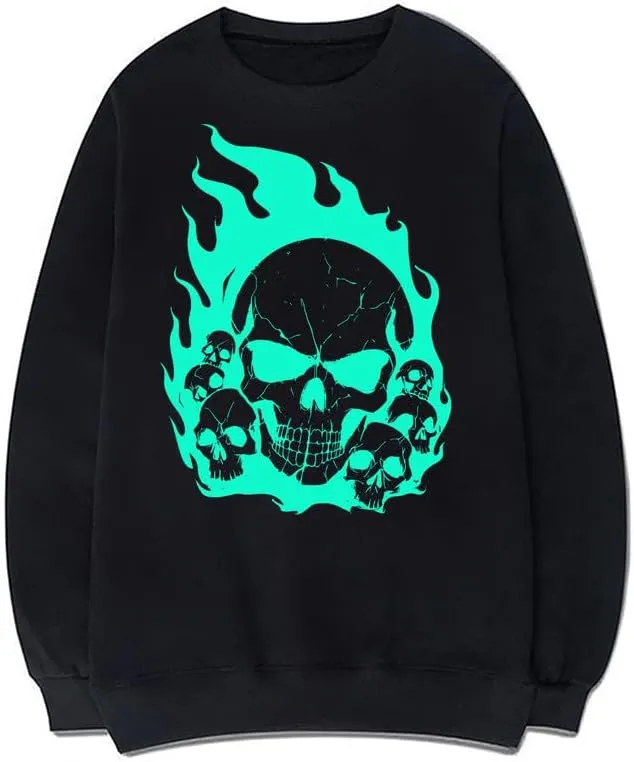 CORIRESHA Teen Skull Flame Long Sleeve Cotton Y2K Aesthetic Halloween Sweatshirt