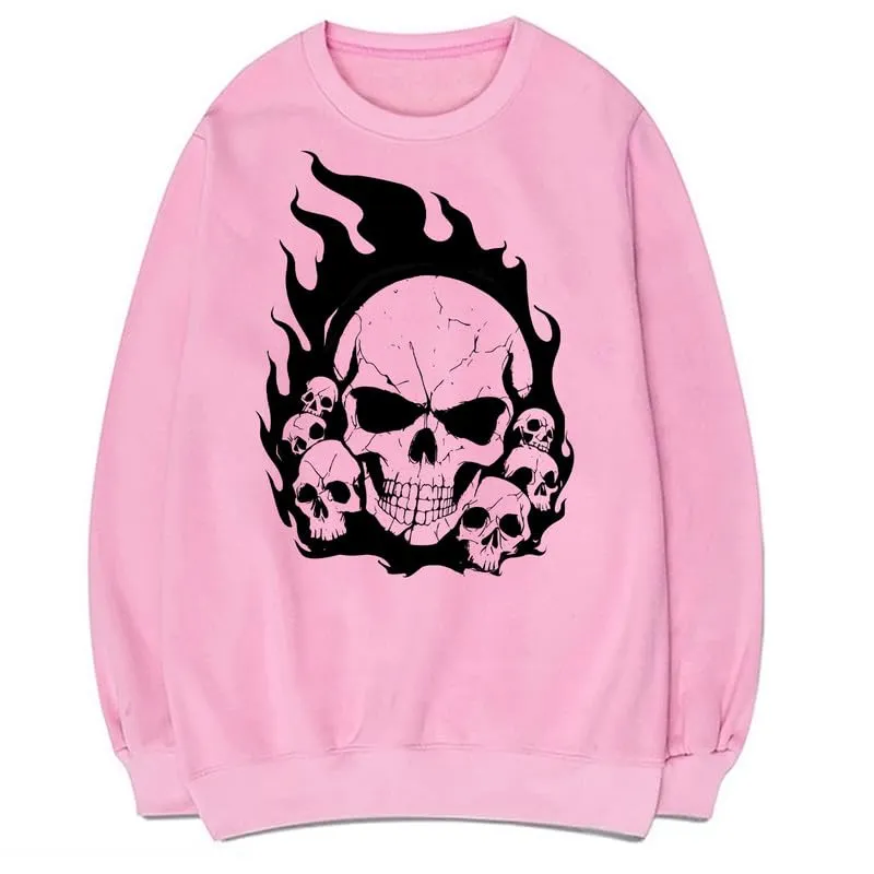 CORIRESHA Teen Skull Flame Long Sleeve Cotton Y2K Aesthetic Halloween Sweatshirt