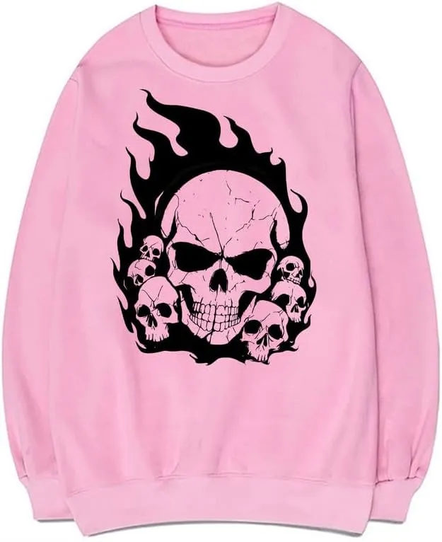 CORIRESHA Teen Skull Flame Long Sleeve Cotton Y2K Aesthetic Halloween Sweatshirt