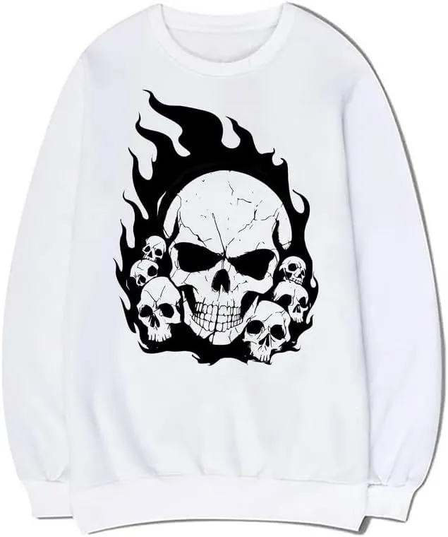 CORIRESHA Teen Skull Flame Long Sleeve Cotton Y2K Aesthetic Halloween Sweatshirt
