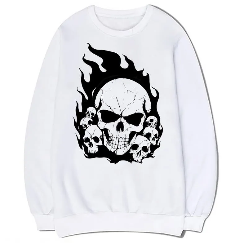 CORIRESHA Teen Skull Flame Long Sleeve Cotton Y2K Aesthetic Halloween Sweatshirt