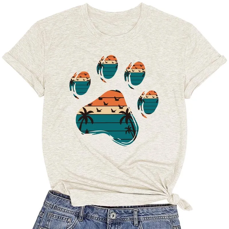 CORIRESHA Women's Dog Paw Print Round Neck Short Sleeves Summer Casual Basic T-Shirts