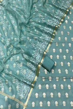 Elegant Blue Banarasi Cotton Silk Suit with Embroidered Dupatta