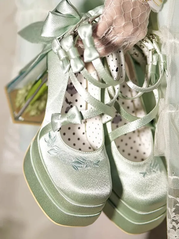 Green Camellia Flower High Block Heel Elegant Platform High Heels
