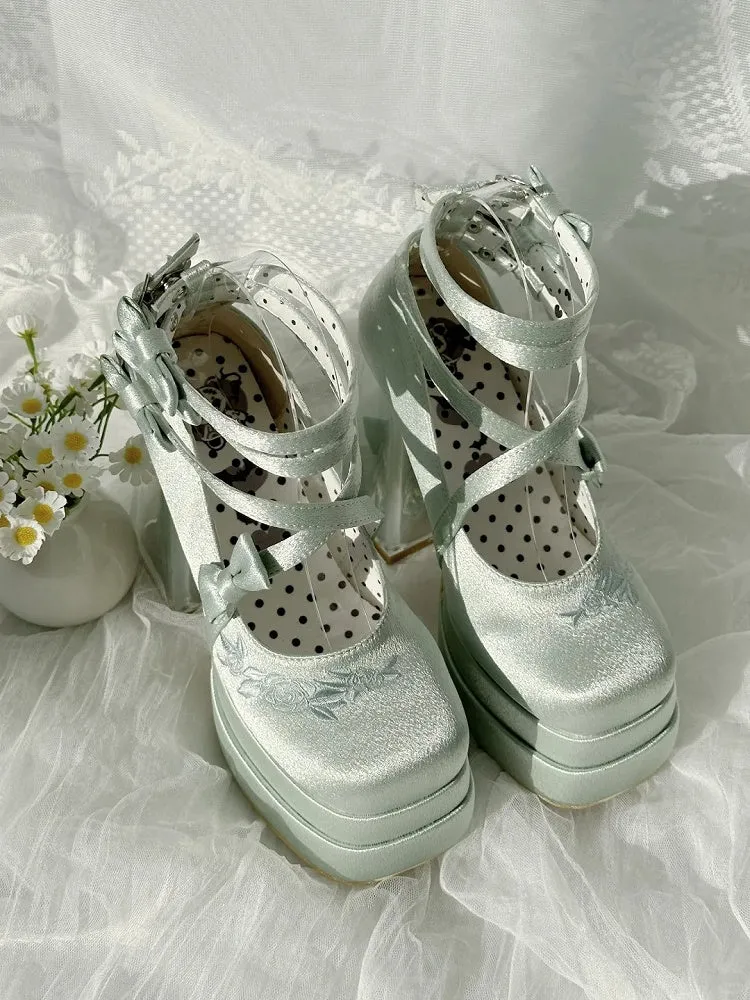 Green Camellia Flower High Block Heel Elegant Platform High Heels