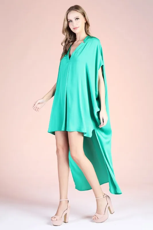 Green Washed Poly Silk Notched High Low Caftan Dress