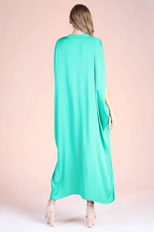 Green Washed Poly Silk Notched High Low Caftan Dress
