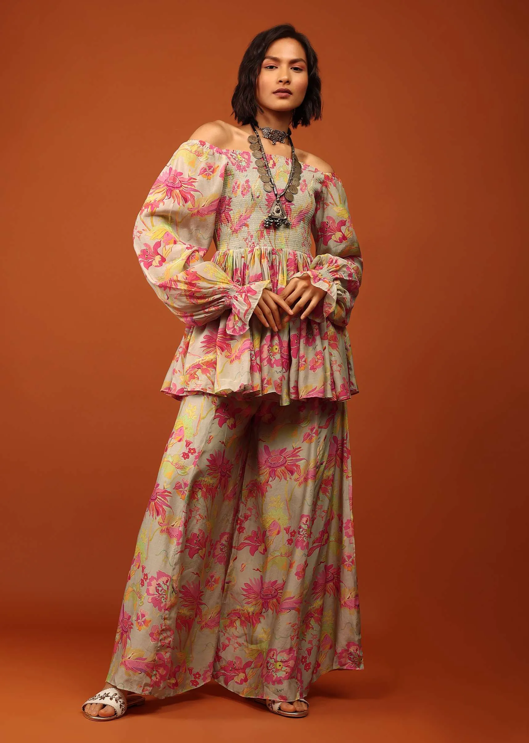 Moss Green Print Top And Palazzo In Crepe With Off-shoulder Neckline & Smocking Bodice