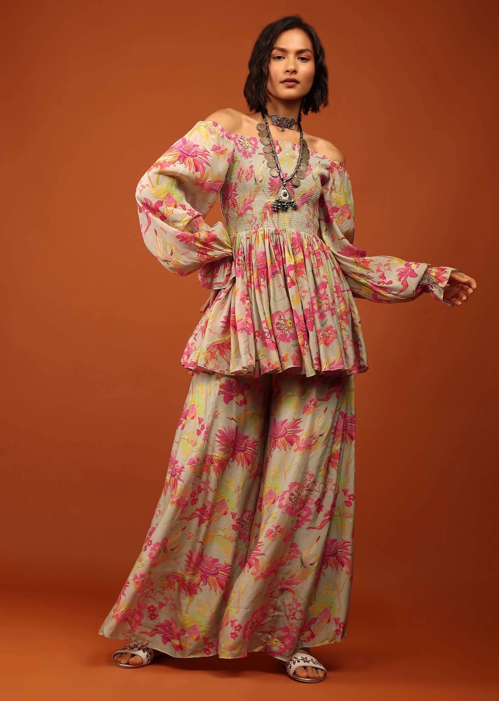Moss Green Print Top And Palazzo In Crepe With Off-shoulder Neckline & Smocking Bodice