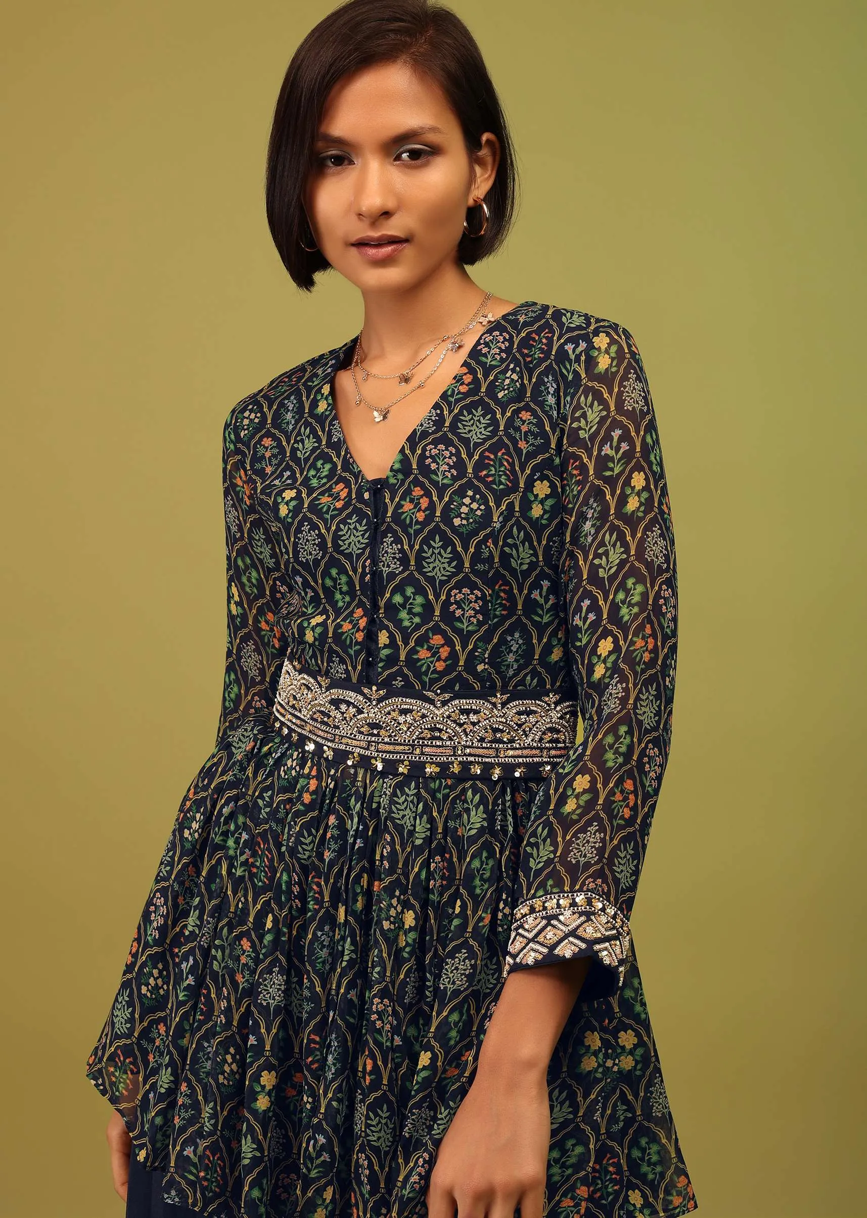 Navy Blue Dhoti Kurta Set In Georgette With Multicolor Floral Print & Embroidery