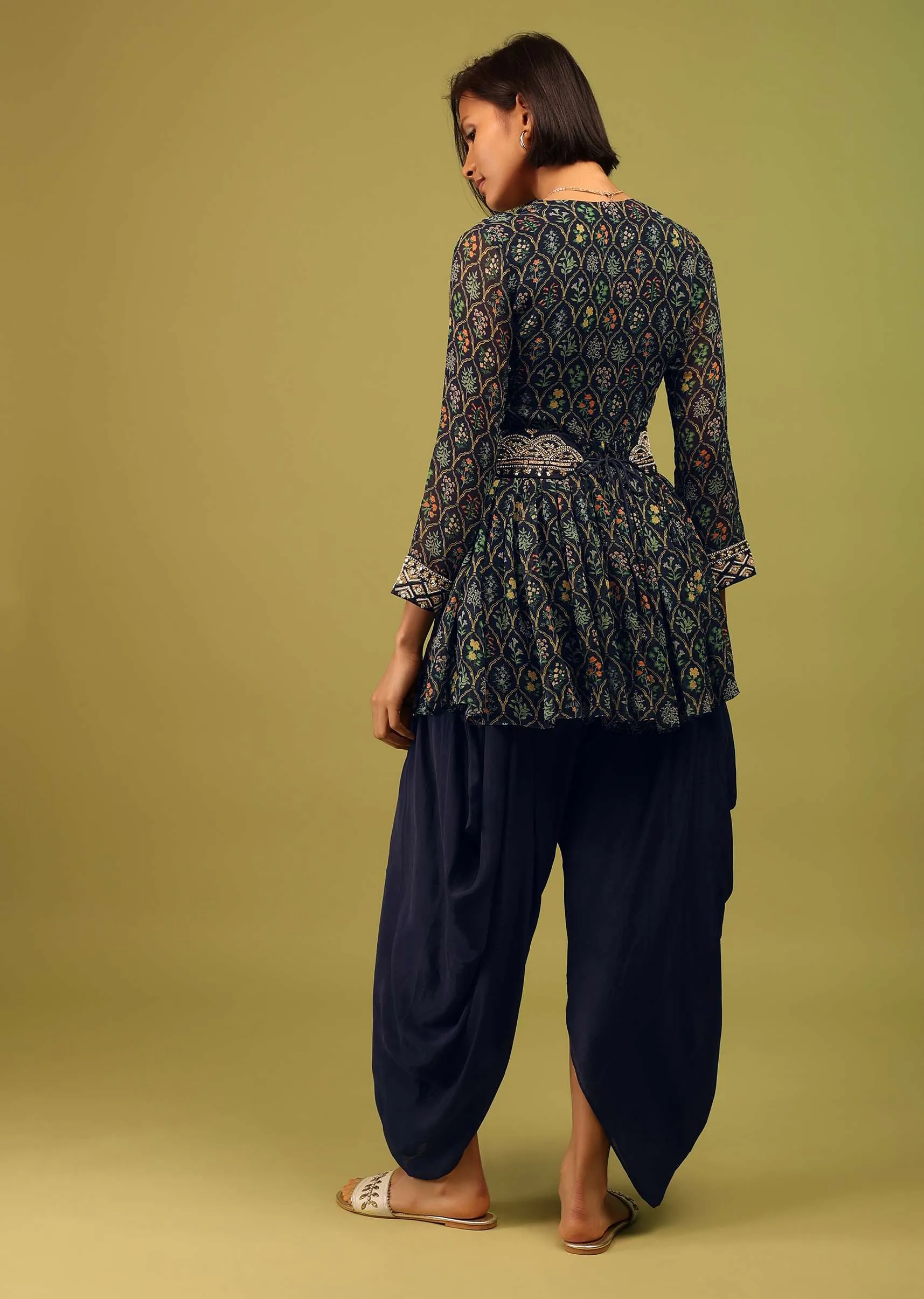Navy Blue Dhoti Kurta Set In Georgette With Multicolor Floral Print & Embroidery