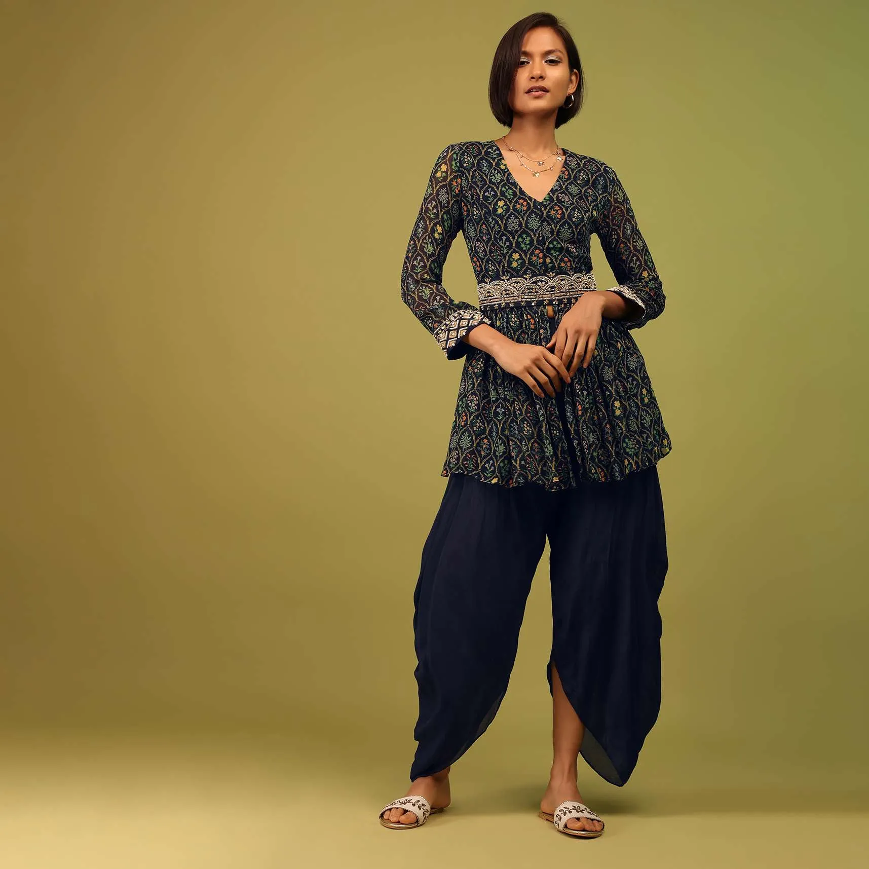 Navy Blue Dhoti Kurta Set In Georgette With Multicolor Floral Print & Embroidery