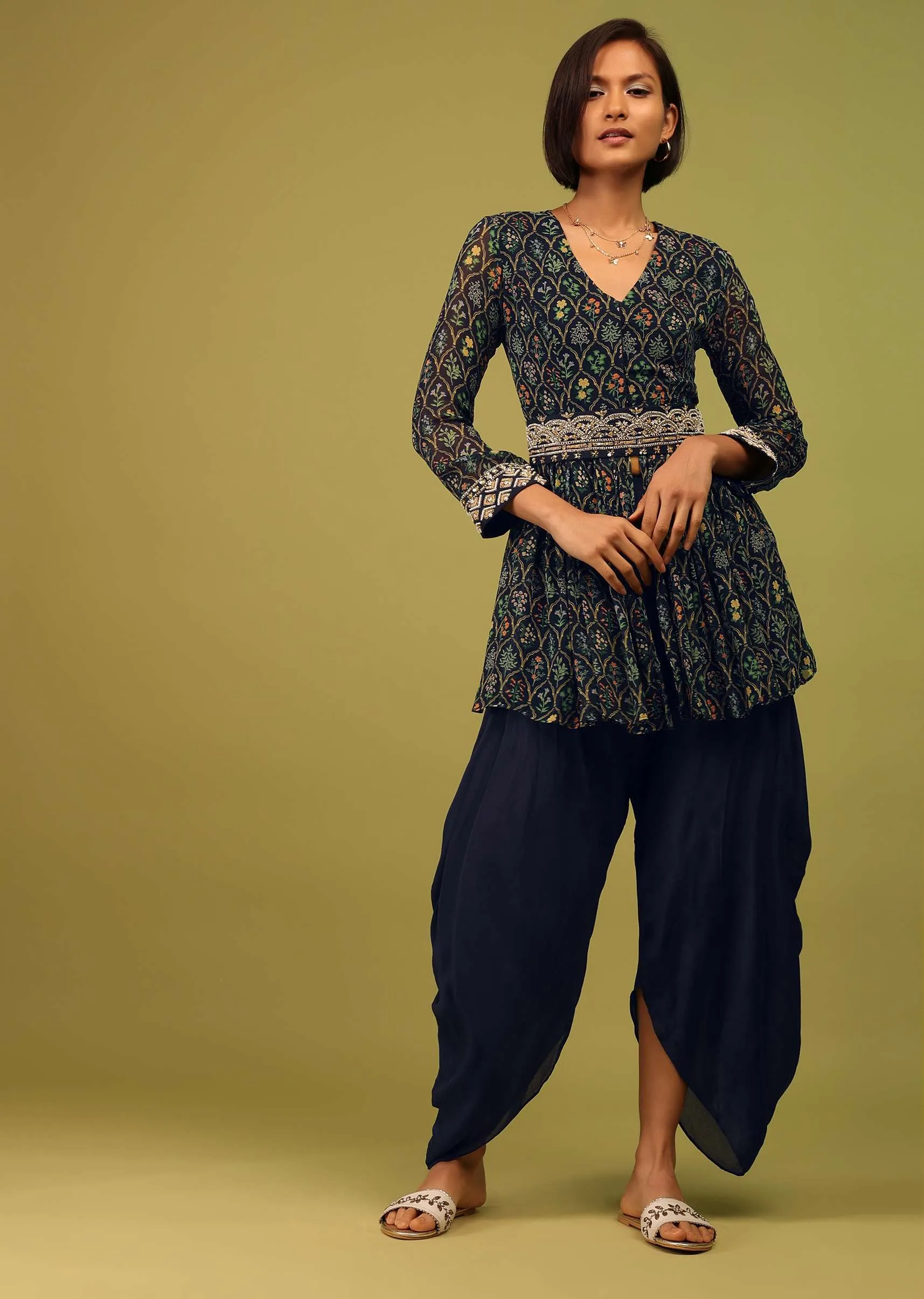 Navy Blue Dhoti Kurta Set In Georgette With Multicolor Floral Print & Embroidery