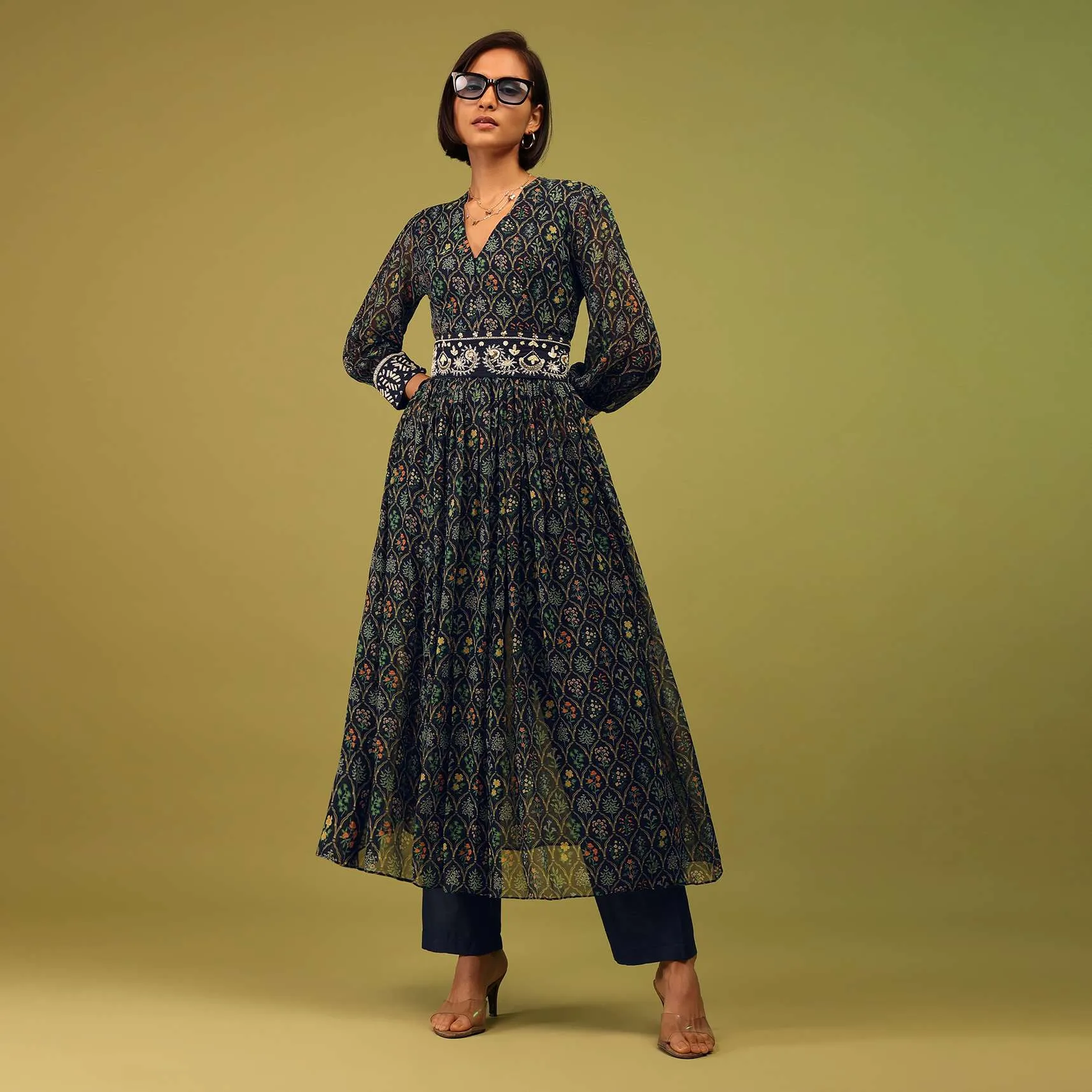 Navy Blue Palazzo Suit In Georgette With Multicolor Floral Print & Embroidery