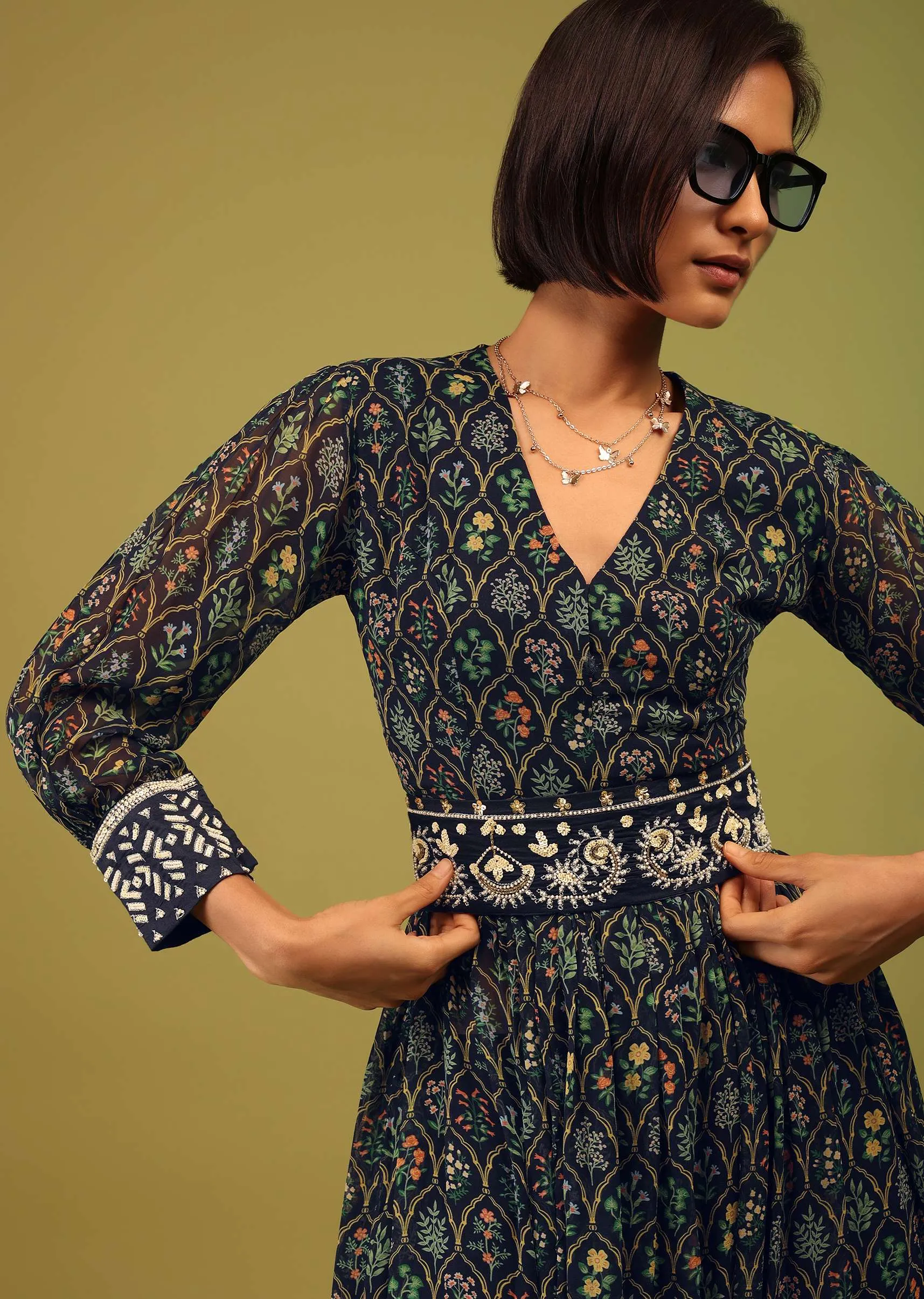 Navy Blue Palazzo Suit In Georgette With Multicolor Floral Print & Embroidery