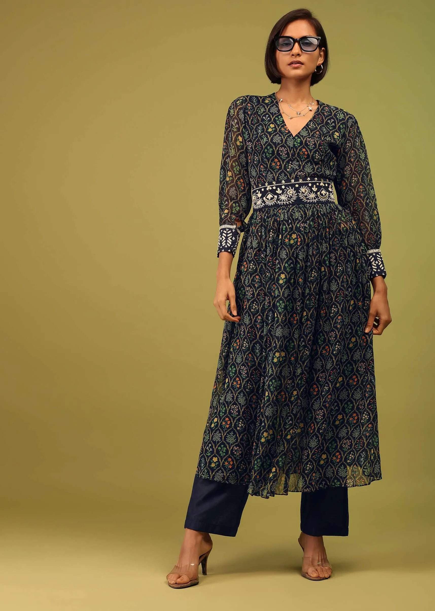 Navy Blue Palazzo Suit In Georgette With Multicolor Floral Print & Embroidery