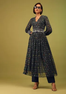 Navy Blue Palazzo Suit In Georgette With Multicolor Floral Print & Embroidery